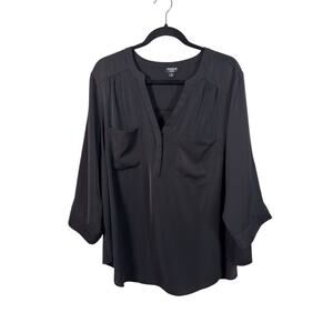 Torrid Blouse Womens 2X Black Harper Georgette Button-Front Roll Tab Sleeves